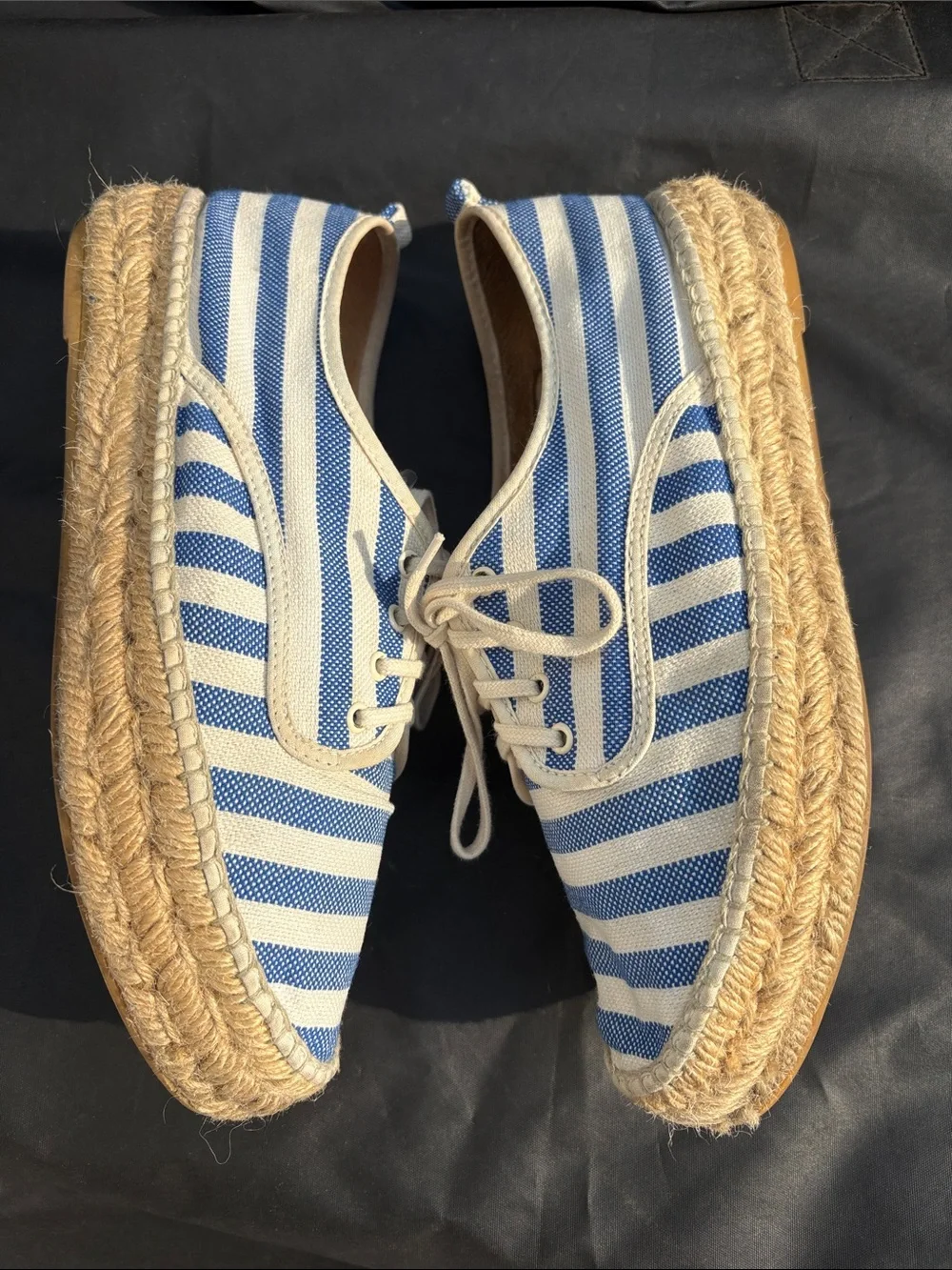 Loeffler Randall Blue and Cream Striped Canvas Espadrilles with Lace-Up Front